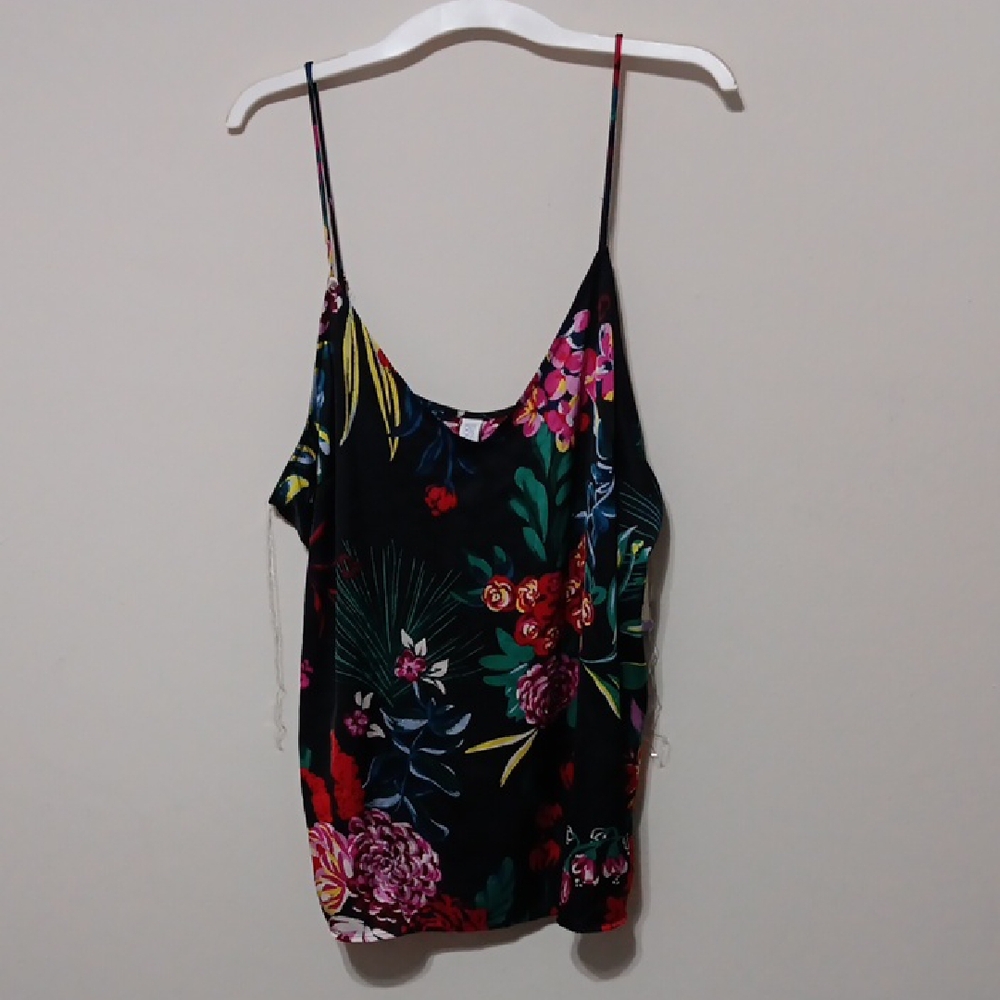 Black Floral Spaghetti-Strap Cami with Multicolor Blooms 24" Ptp